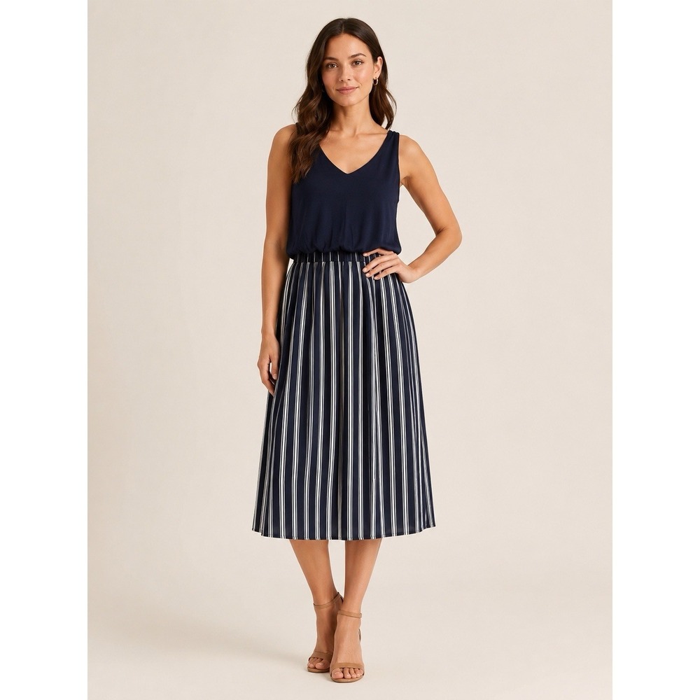 LOFT Petites SP Navy Striped Sleeveless Midi Dress V Neck Blouson Casual